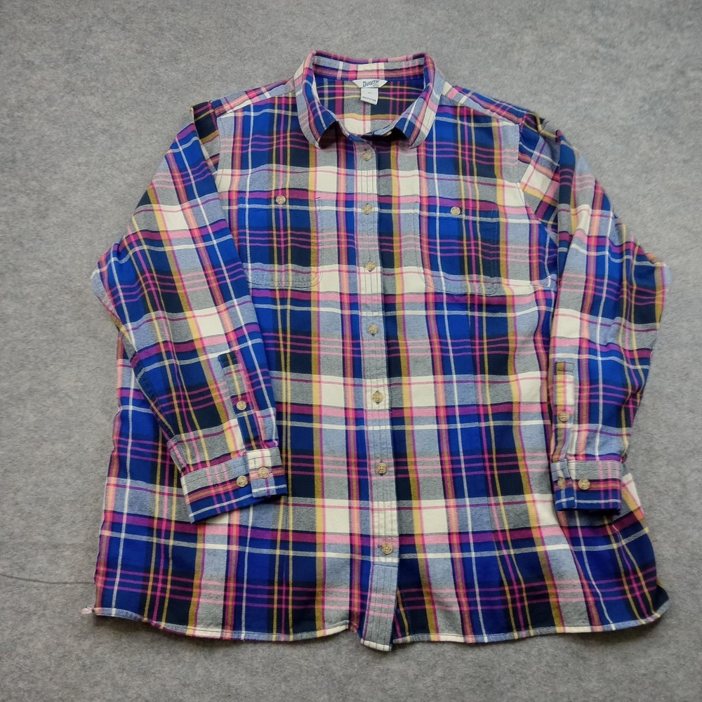 Duluth Trading Women 2XL Plaid Flannel Button Front Long Sleeve Shirt Blue Pink